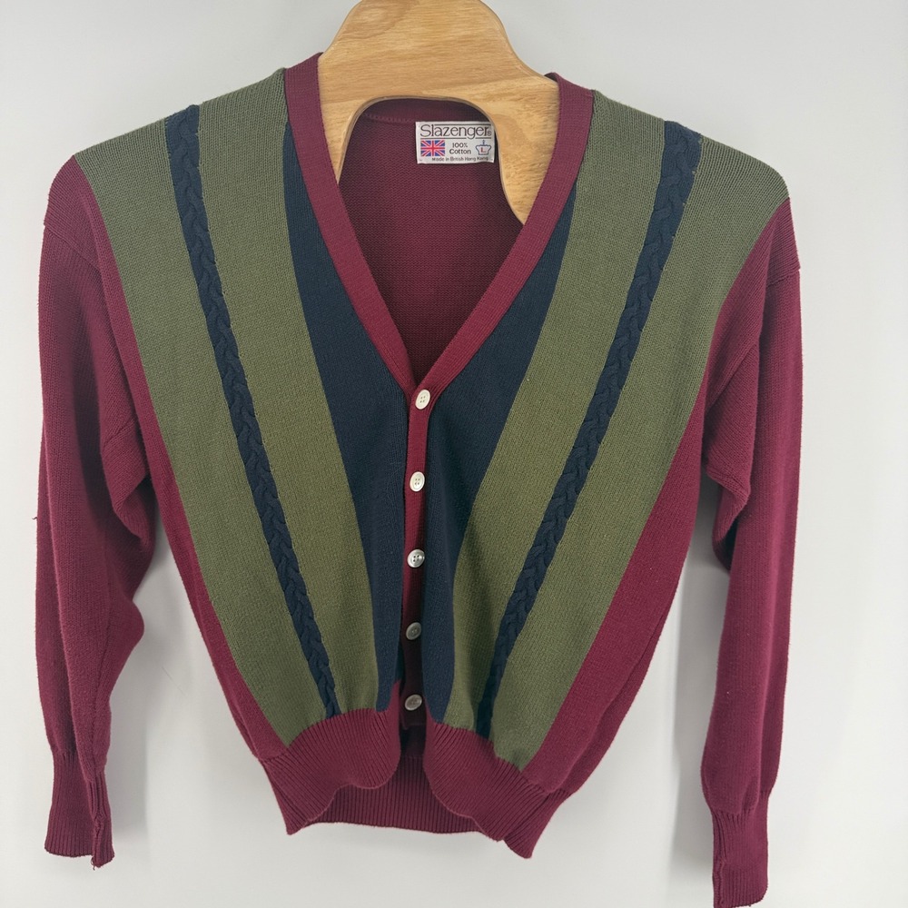Vintage Slazenger Men Large Cardigan Sweater Maroon Cotton Hong Kong